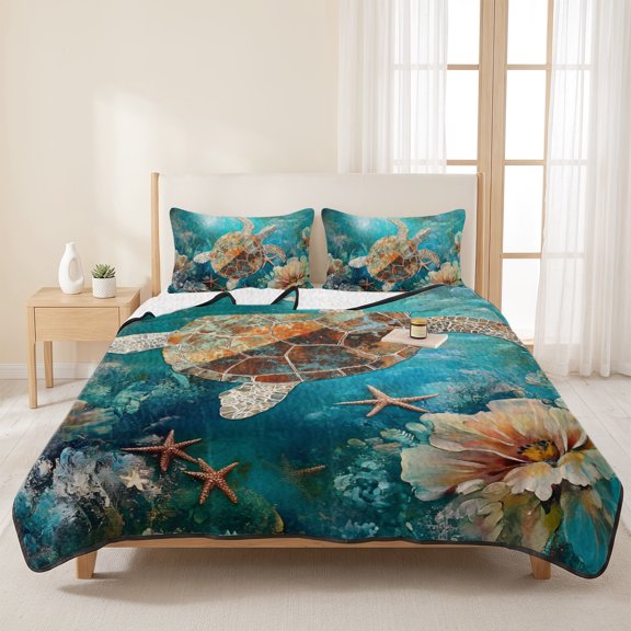 Ocean Submarine Coral Turtle Starfish 3 Pieces Quilt Set,1 Quilt with 2 Shams,Undersea Creatures Bedspread Soft Lightweight Bedding Coverlet Comforter Set for All Season 96"x106"