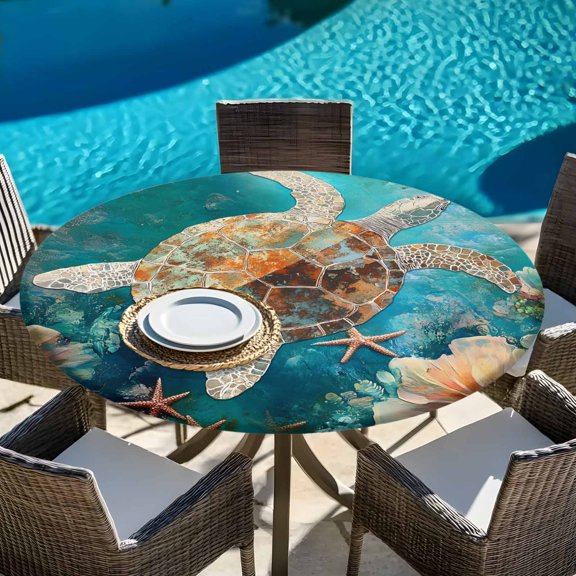 Ocean Submarine Coral Turtle Starfish Round Fitted Tablecloth with Elastic Edge,Waterproof Table Cloth Fits Tables Up to 45"-54",Wipeable Table Cover for Indoor Outdoor Dinning,Undersea Creatures