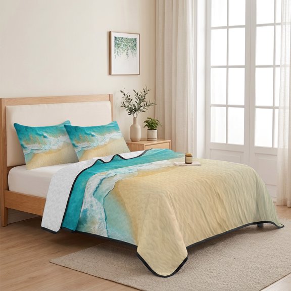 Ocean Summer Beach Sea Wave 3 Pieces Quilt Set,1 Quilt with 2 Shams,Watercolor Sandbeach Coastline Art Bedspread Soft Lightweight Bedding Coverlet Comforter Set for All Season 68"x98"