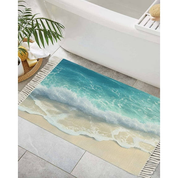 Ocean Summer Coastal Bath Rug 2x3ft Woven Bathroom Entryway Runner Rug,Sea Waves Blue Green Water Beach Washable Living Room Hallway Bedroom Kitchen Carpet with Tassels,Indoor Outdoor Throw Doormat