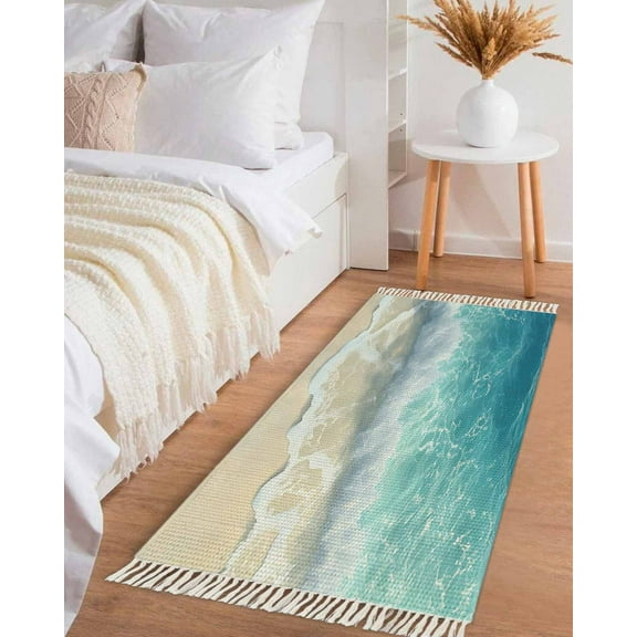Ocean Summer Coastal Hallway Runner Rug 2x6ft,Sea Waves Blue Green Water Beach Washable Woven Living Room Bedroom Kitchen Bathrom Carpet with Tassels,Indoor Outdoor Throw Door Mat for Entryway
