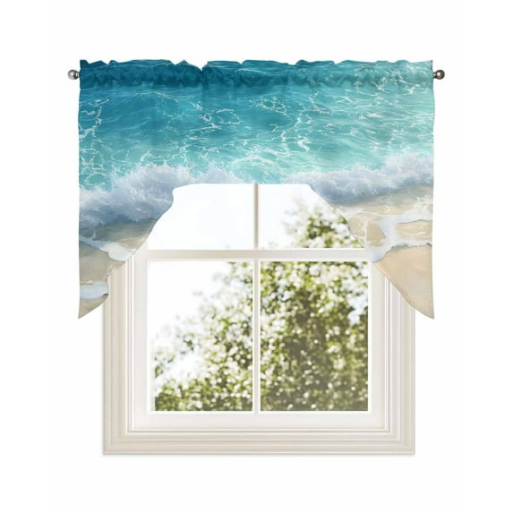 Ocean Summer Coastal Swag Valance for Windows 56'' x 36'', Sea Waves Blue Green Water Beach Light Filtering Kitchen Curtains Valances for Bathroom/Living Room/Bedroom/Café, Rod Pocket Curtain Panel