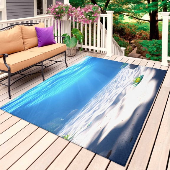 Ocean Summer Outdoor Rug 4x6 Ft, Non Slip Washable Area Rug, Underwater Sunlight Rock Beach Sand Patio Rugs Carpet Runner, Large Floor Mat for Indoor/Outdoor Deck Porch Camping