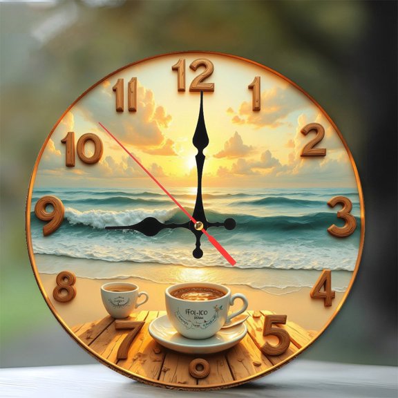 Ocean Sunrise Beach Coffee Clock Wall Decor 10-Inch Silent Wooden Wall Clock, Battery Operated (AA Batteries Not Included), Artistic Home Decor