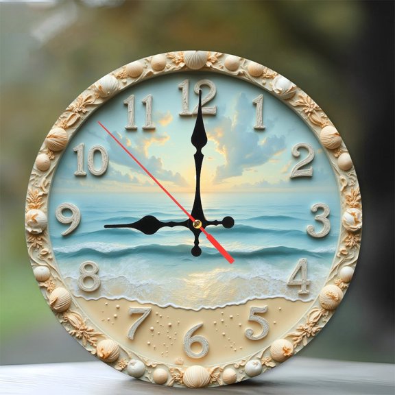 Ocean Sunrise Beach Wall Clock Decor 10-Inch Silent Wooden Wall Clock, Battery Operated (AA Batteries Not Included), Artistic Home Decor
