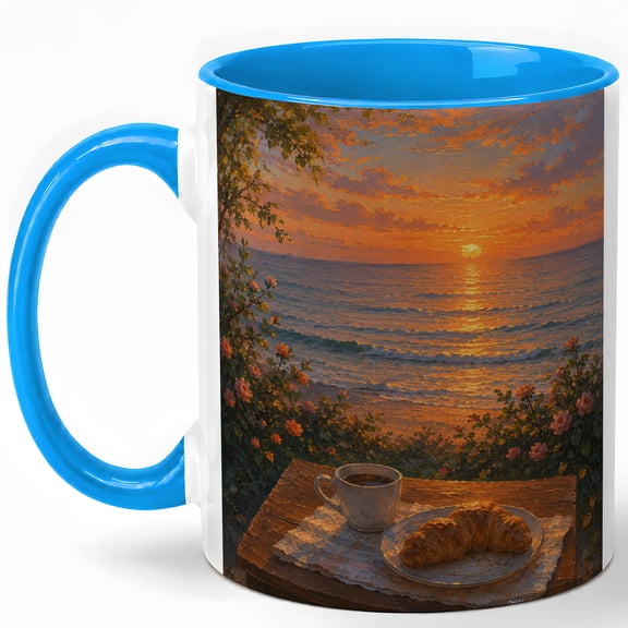Ocean Sunrise Breakfast 11oz Ceramic Mug, Croissant Seaside Art