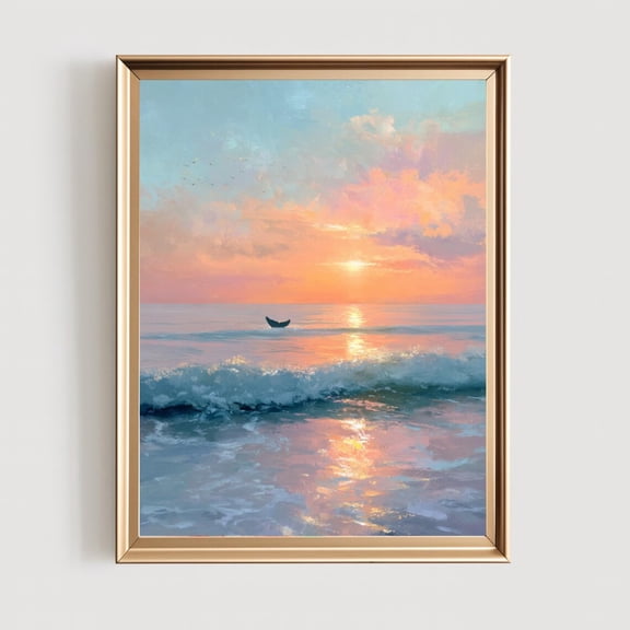 Ocean Sunrise Coastal Beach Sunset Art Print Poster Decor, Stretched Canvas Size 12x18 F03.1.22l1122