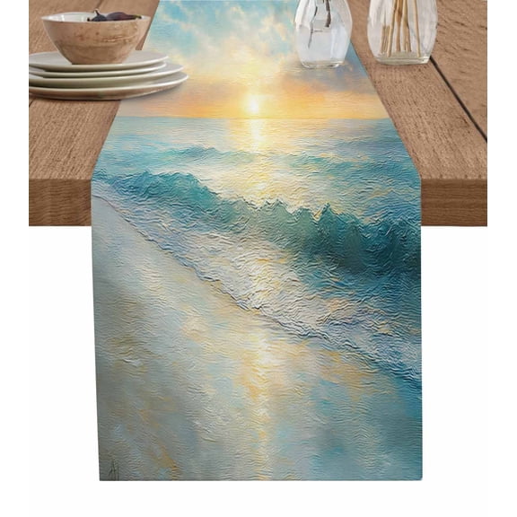 Ocean Sunrise Coastal Burlap Cotton Table Runner 13x48 Inches Long, Summer Beach Abstract Art Farmhouse Table Runners, Outdoor Dining Tablecloths Decor for Baby Shower/Party/Wedding