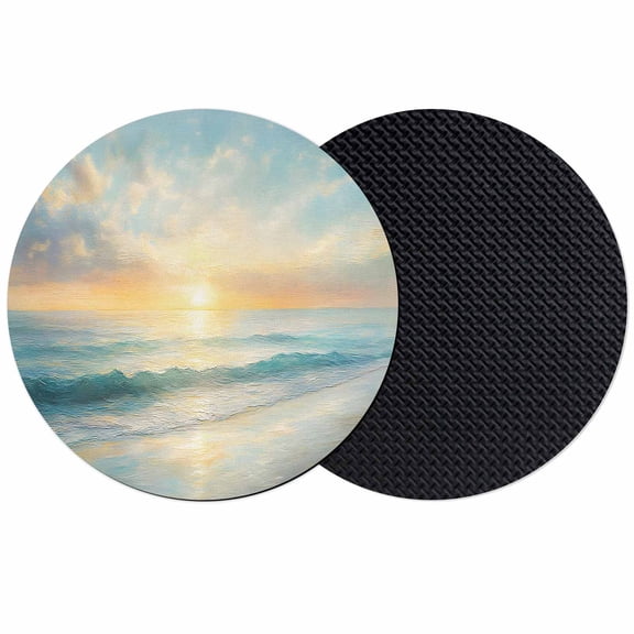 Ocean Sunrise Coastal Coasters Set of 2, Summer Beach Abstract Art Absorbent Coasters for Drinks, Coaster for Bar Office Dining Coffee Table Accessories Decor, Non Slip Round Desk Coaster