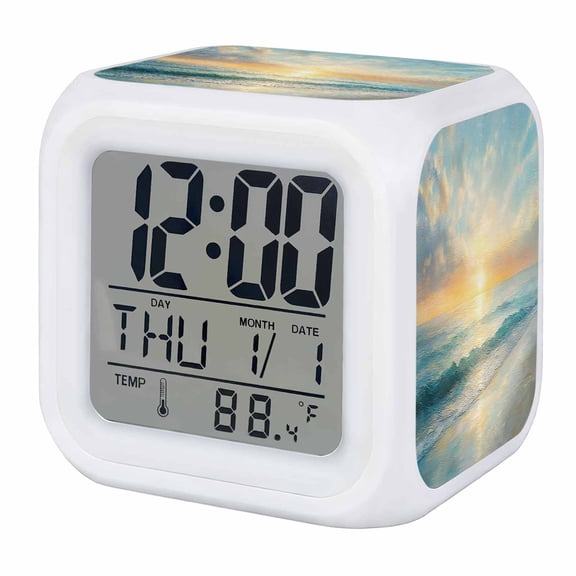 Ocean Sunrise Coastal Digital Alarm Clock for Bedrooms, Smart LED Alarm Clock with 7 Color Changing Night Light, Summer Beach Abstract Art Silent Wake Up Clocks for Sleep Study Cooking 3.2"x3.2"