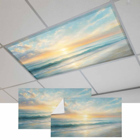 Ocean Sunrise Coastal Fluorescent Light Covers, Summer Beach Abstract Art Magnetic Light Covers for Ceiling Lights, Fluorescent Ceiling Shade Filters for Classroom Bedroom Office 4x2Ft x 2PCS