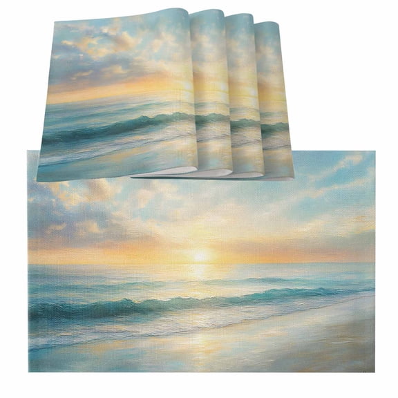 Ocean Sunrise Coastal Placemats for Dinning Table Set of 4, Summer Beach Abstract Art Burlap Kitchen Place Mats Waterproof Cloth Table Mats, Indoor Outdoor Placemats Easy Clean Dinner Decor