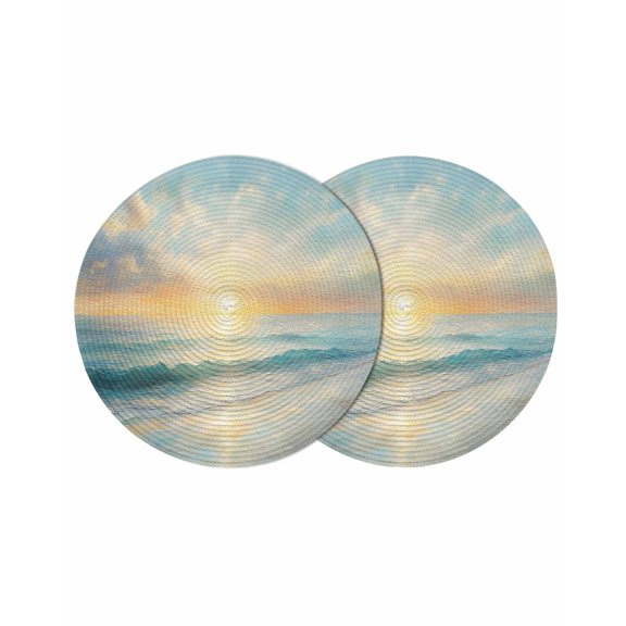 Ocean Sunrise Coastal Round Placemats Set of 2 for Dinning Tables,Heat-proof Braided Table Mats 13 Inch,Summer Beach Abstract Art Washable Place Mat for Kitchen Restaurant Party Decor Table Setting