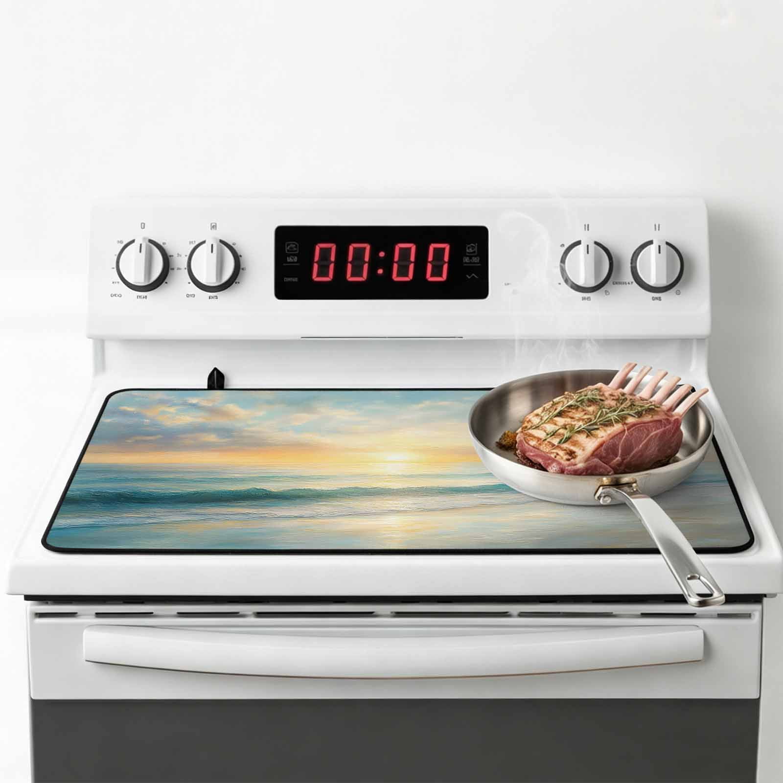 Ocean Sunrise Coastal Stove Top Cover for Electric Stove, Heat-proof & Non Slip Glass Top Stove Cover Protector, Summer Beach Abstract Art Kitchen Flat Cooktop Rubber Mat 24x21 Inches
