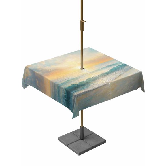 Ocean Sunrise Coastal Table Cloth Rectangle Outdoor Tablecloth, Summer Beach Abstract Art Waterproof Wrinkleproof Table Cover with Umbrella Hole and Zipper for Party/Dining/Patio/Wedding 60x60 Inch