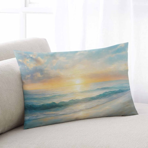 Ocean Sunrise Coastal Throw Pillow Cover, Pillowcase Protectors with Zipper, Breathable Decorative Lumbar Pillow Case Cover, Summer Beach Abstract Art Pillow Shams for Couch Sofa 16x24Inch