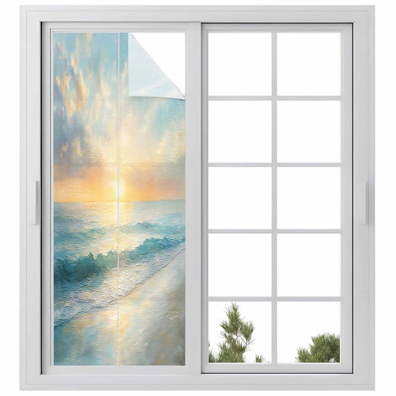 Ocean Sunrise Coastal Window Privacy Film, Summer Beach Abstract Art Static Cling UV Sun Blocking Heat Control Window Tint Day and Night, Non-Adhesive One Way Windows Privacy Cover 23.6''x59''