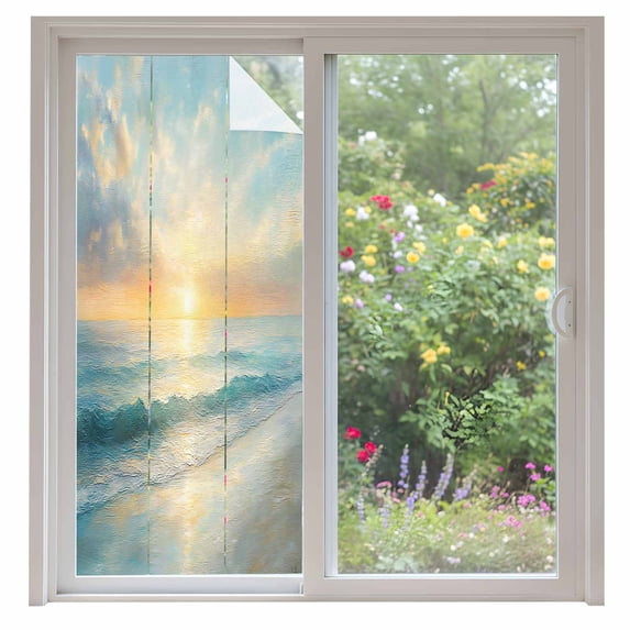 Ocean Sunrise Coastal Window Privacy Film, Summer Beach Abstract Art Static Cling UV Sun Blocking Heat Control Window Tint Day and Night, Non-Adhesive One Way Windows Privacy Cover 35.4''x78.7''