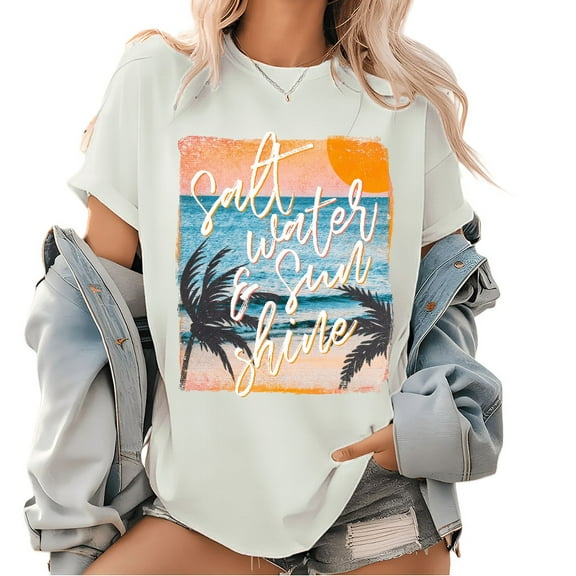 Ocean Sunrise Graphic T-Shirt - Salt Water & Sunshine Surf Style, Relaxing Beach Vibes Cotton Tops
