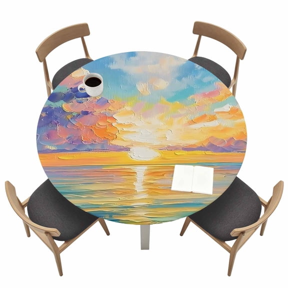 Ocean Sunrise Round Fitted Tablecloth Landscape Waterproof Elastic Stretch Table Cover for 55"-60" Round Table, Oil Proof Tablecloth for Picnic Party Dinner