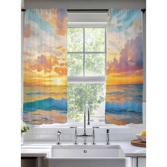 Ocean Sunrise Sheer Curtains 63 Inches Long 2 Panels Landscape Sky Light Filtering Semi Sheer Window Curtains Drapes for Bedroom Living Room 52"x63"
