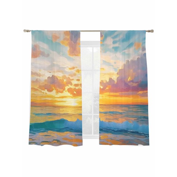 Ocean Sunrise Sheer Curtains 72 Inch Long 2 Panels, Landscape Sky Colorful Abstract Art Light Filtering Rod Pocket Curtains, Sheer Voile Drapes for Living Room Bedroom, 52"x72"