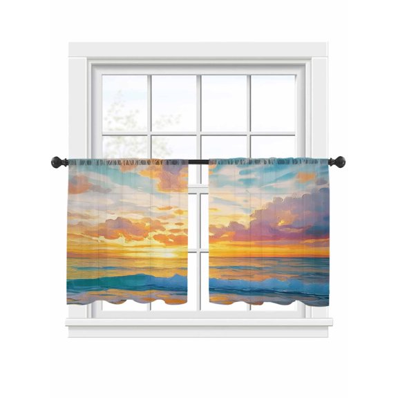 Ocean Sunrise Sheer Curtains for Living Room Bedroom, Light-filtering Sheer Curtain, Landscape Sky Light-Rod Pocket Voile Window Treatment Drapes, 52’’Wx45’’L, 2 Panels Set
