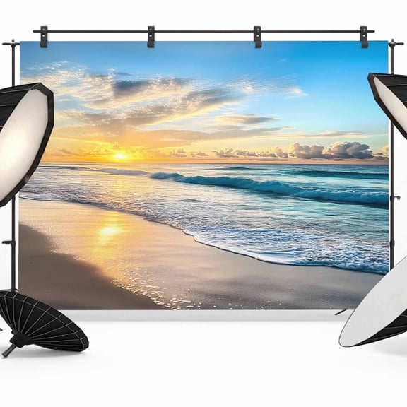 Ocean Sunrise Sunset Backdrop for Photography, Beach Waves Sea Scenery Photo Backdrop Portrait Background Party Banner Photo Backgrounds for Studio Booth Props, 12x8ft
