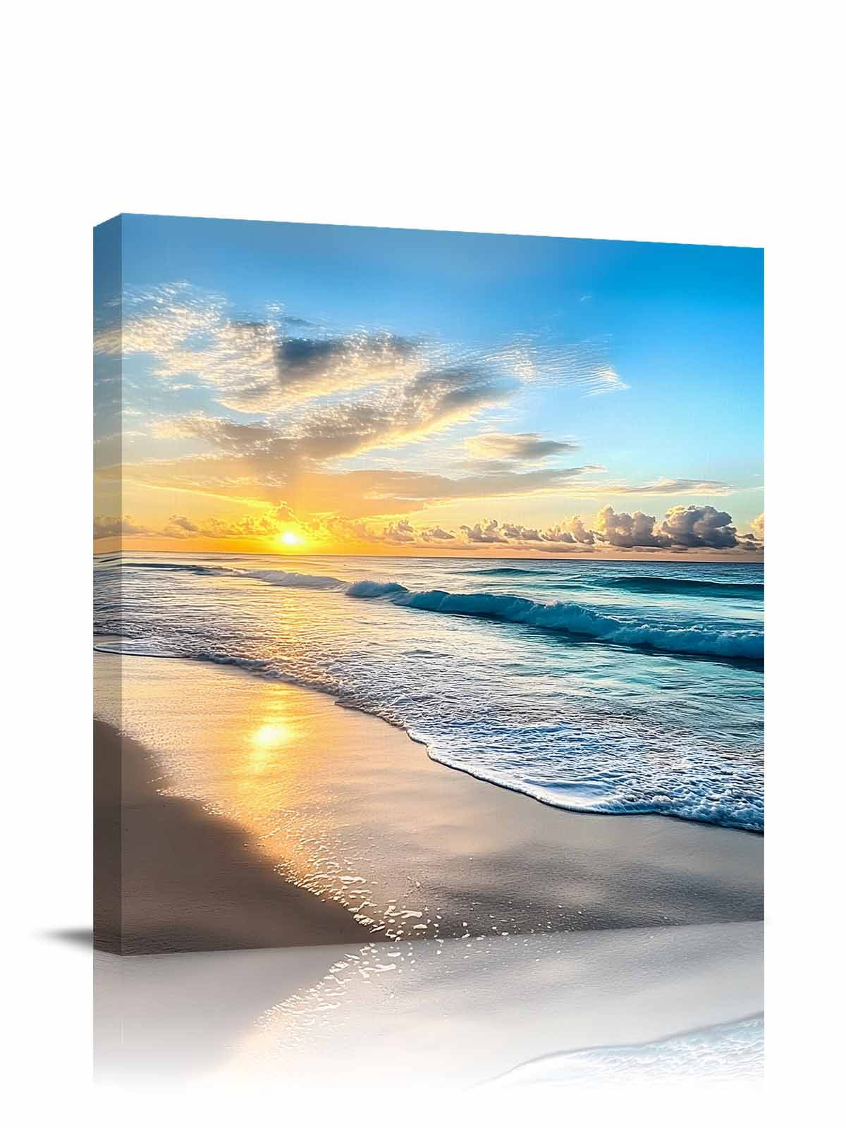 Ocean Sunrise Sunset Canvas Wall Art, Beach Waves Sea Scenery Framed Wall Decor Modern Artwork Prints Painting for Living Room, Bedroom, Kitchen & Cafe Decor 12x12 Inch