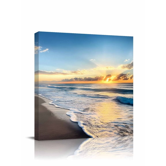 Ocean Sunrise Sunset Canvas Wall Art, Beach Waves Sea Scenery Romance Framed Wall Decor Modern Artwork Prints Painting for Living Room, Bedroom, Kitchen & Cafe Decor 16x16 Inch