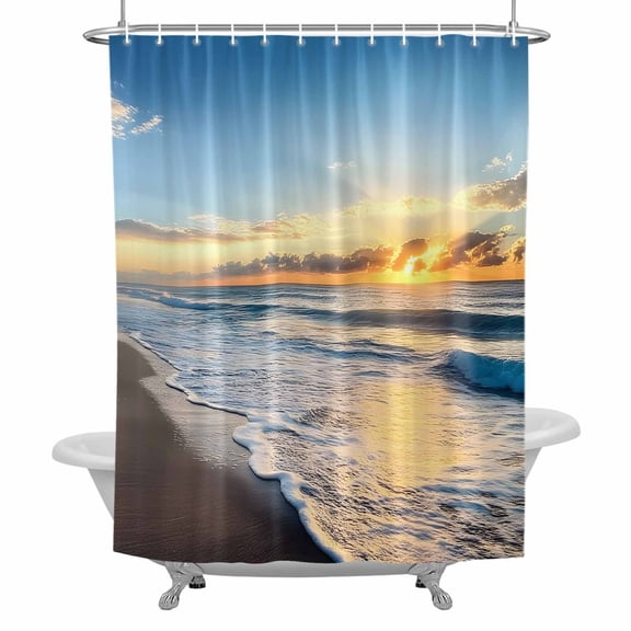 Ocean Sunrise Sunset Fabric Shower Curtain, Beach Waves Sea Scenery Romance Bathroom Curtain with 12 Hooks Waterproof Machine Cloth Shower Curtain for Bathroom, Bathtub, Spa Room, 36x72 Inch
