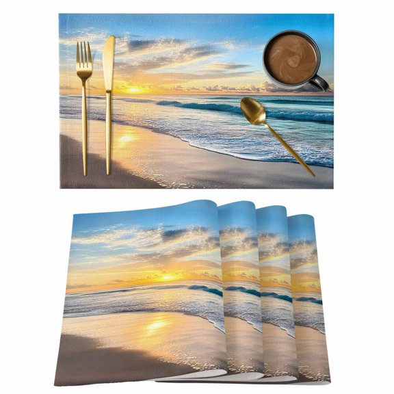 Ocean Sunrise Sunset Placemats Set&nbsp;of&nbsp;6 Beach Waves Sea Scenery Heat Insulation Washable Place Mats, Rustic Non-Slip Table Mats for Dining Table Party Kitchen Decor,13x19 Inch