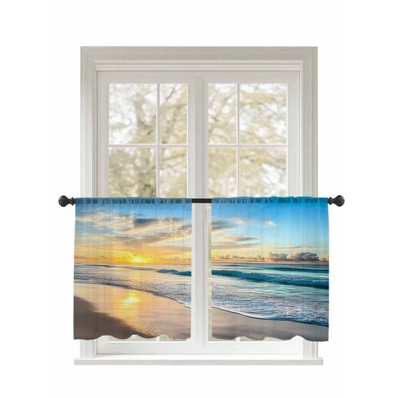 Ocean Sunrise Sunset Sheer Curtains 2 Panels Set Beach Waves Sea Scenery Lihgt Filtering Rod Pocket Voile Drape, Semi Sheer Window Curtains for Bedroom Living Room, 52"x54"