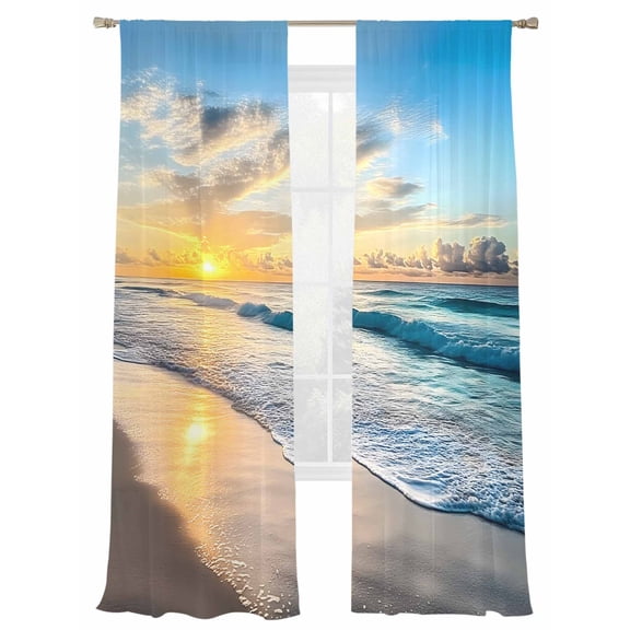 Ocean Sunrise Sunset Sheer Curtains 2 Panels Set Beach Waves Sheer Window Curtains Light Filtering Rod Pocket Voile Drapes for Bedroom Living Room 52"X108"