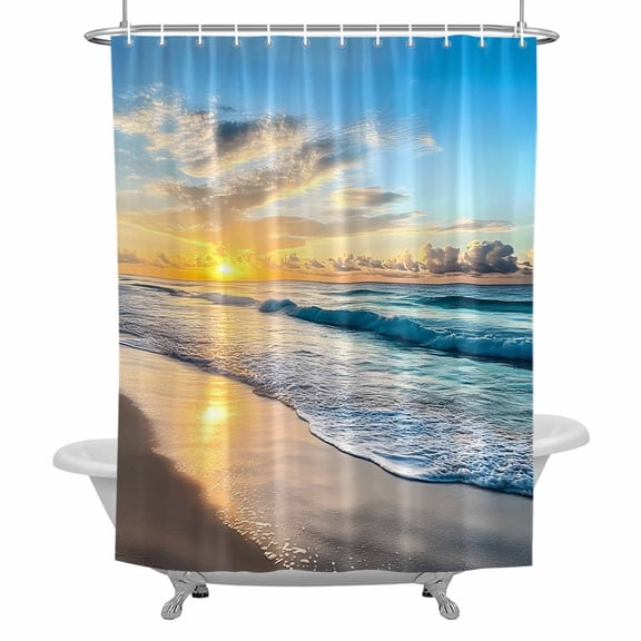 Ocean Sunrise Sunset Shower Curtain for Bathroom, Beach Waves Waterproof Cloth Fabric Bathroom Accessories Set with 12 Rust Proof Plastic Hooks, 72"x78"