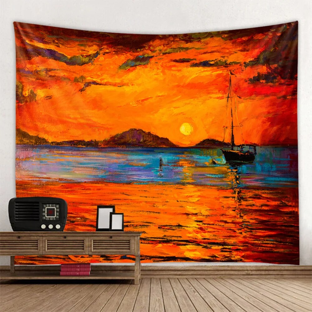 Ocean Sunrise Tapestry Retro Oil Painting Wall Hanging Aesthetics Room