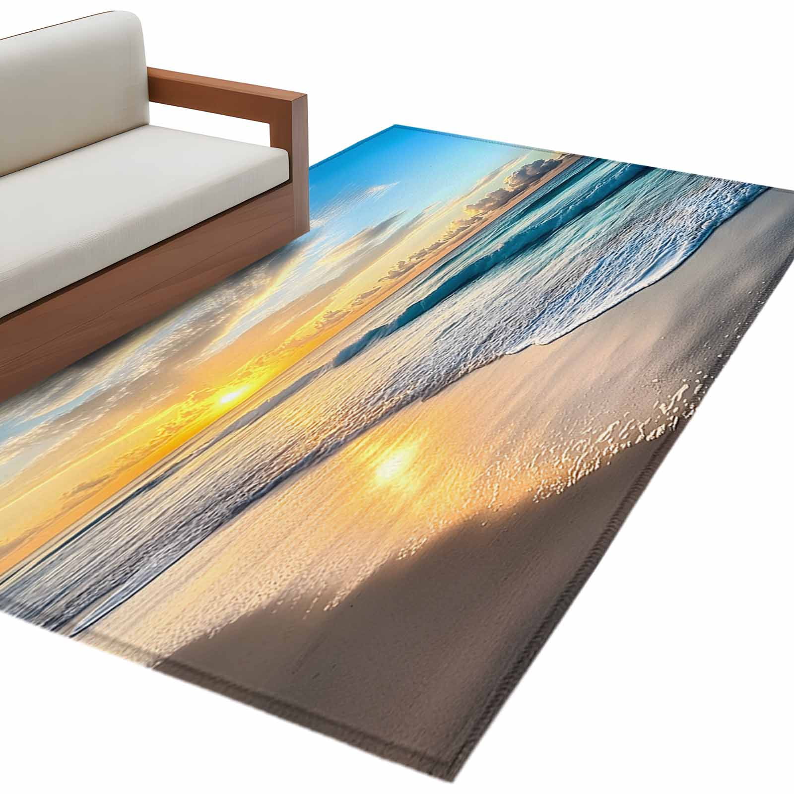 Ocean Sunset 3'x5' Washable Rug, Beach Blue Sky Coastal Seashore Summer ...