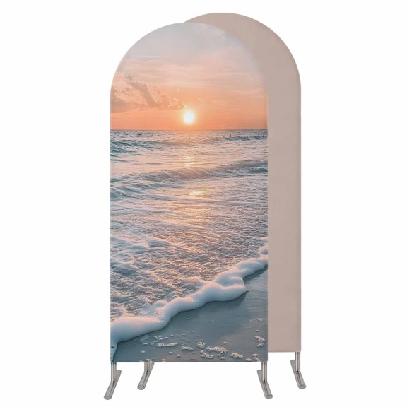 Ocean Sunset Arch Backdrop Cover 4 FT,Spandex Wedding Arch Stand Covers Stretchy Backdrop,Summer Beach Shore Sky Sun Scenery Round Top Party Arched Background for Birthday Event Baby Shower Decor