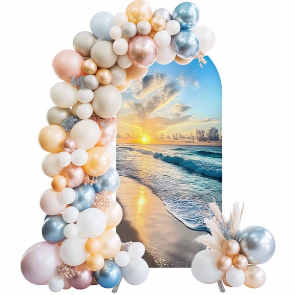 Ocean Sunset Arch Backdrop Cover 4x1.65 Ft, Spandex Wedding Arch Stand Cover, Beach Blue Sky Coastal Seashore Summer Round Top Stretch Fitted Background Covers for Birthday Ceremony Party Decor