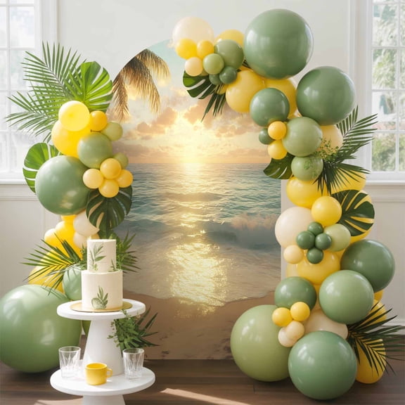 Ocean Sunset Arch Backdrop Cover, 7.2FT, Tropical Sandy Beach Palm Trees Spandex Arch Covers Double-Sided Backdrop for Wedding Birthday Party Photo Background Decoration