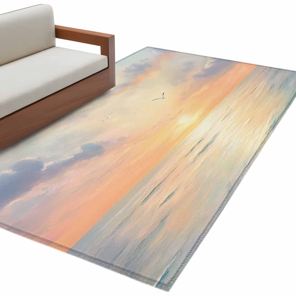 Ocean Sunset Area Rug 3x5 FT, Non Slip Entryway Bedside Carpet, Modern Orange Blue Oil Painting Seagull Washable Soft Floor Carpet Indoor Mat Non-Shedding Throw Rug for Dorm Kitchen Home Office