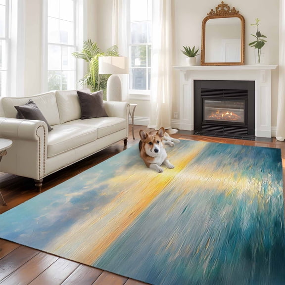 Ocean Sunset Area Rug 5x7 FT, Non Slip Bedroom Throw Carpet, Blue Sky Sea Minimalist Abstract Art Washable Soft Floor Carpet Non-Shedding Rug for Dining Room Bedside Classroom Desk