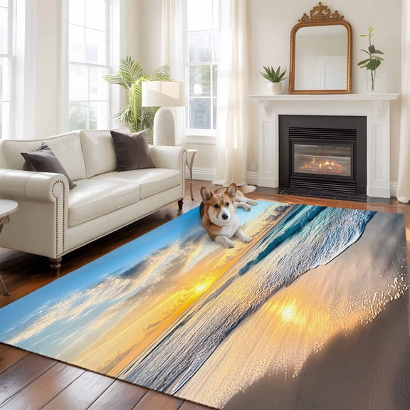 Ocean Sunset Area Rug 5x8 FT, Non Slip Bedroom Throw Carpet, Beach Blue Sky Coastal Seashore Summer Washable Soft Floor Carpet Non-Shedding Rug for Living Room Nursery Dorm Office