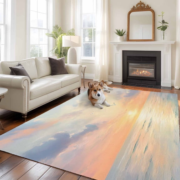 Ocean Sunset Area Rug 5x8 FT, Non Slip Bedroom Throw Carpet, Modern Orange Blue Oil Painting Seagull Washable Soft Floor Carpet Non-Shedding Rug for Living Room Nursery Dorm Office