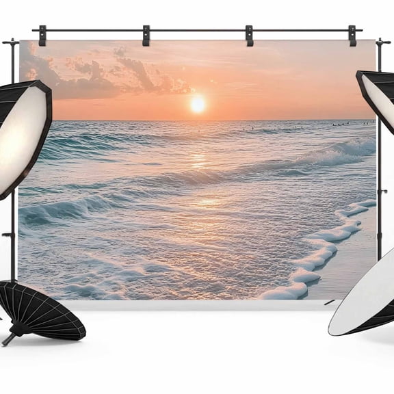 Ocean Sunset Backdrop for Photography, Fabric Photo Background Backdrop, Summer Beach Shore Sky Sun Scenery Photo Booth Background for Portrait Photoshoot Video Wedding Studio Decoration Banner 7x5ft