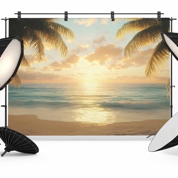 Ocean Sunset Backdrop for Photography, Tropical Sandy Beach Palm Trees Photo Backdrop Portrait Background Party Banner Photo Backgrounds for Studio Booth Props, 7x5ft