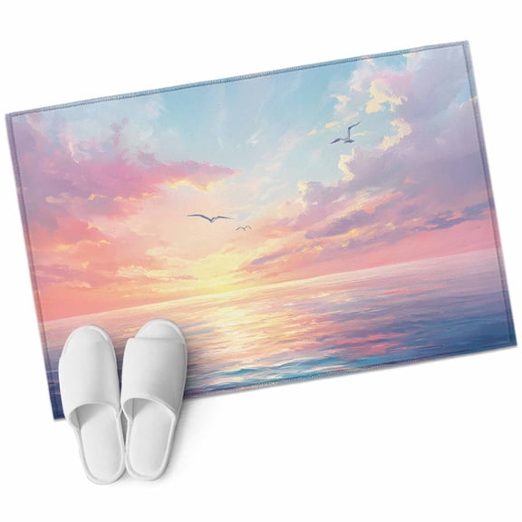 Ocean Sunset Bathroom Mat 2x3 FT, Non Slip Small Kitchen Mat, Purple Blue Seagull Modern Oil Painting Washable Soft Backed Front Door Throw Rug Non-Shedding Indoor Outdoor Doormat for Entryway Sink