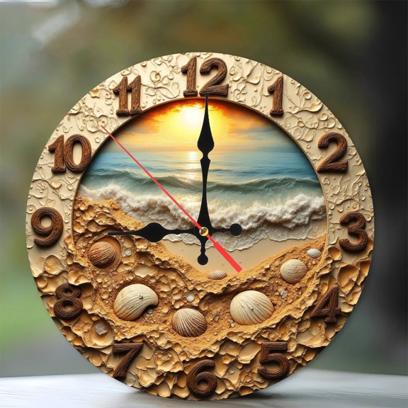 Ocean Sunset Beach Seashells Wall Clock 10-Inch Silent Wooden Wall Clock, Battery Operated (AA Batteries Not Included), Artistic Home Decor