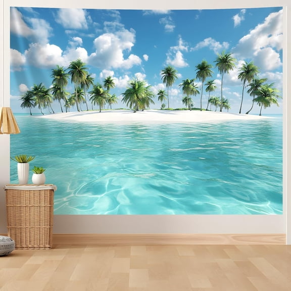 Ocean Sunset Beach Tapestry Wall Hanging With Palm Tree Landscape, Large Seaside Poster for Bedroom, Dorm and Living Room Decor 79 L x 59 W