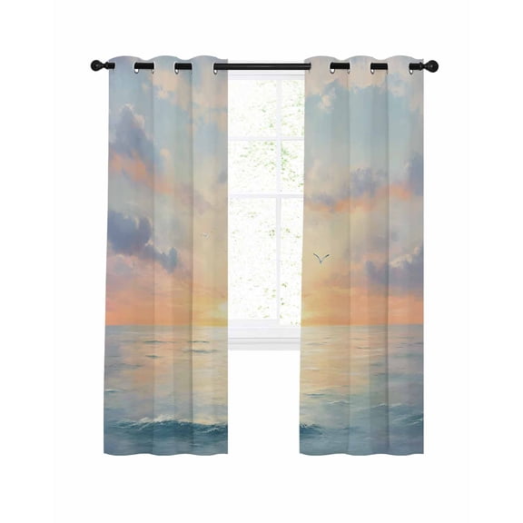 Ocean Sunset Blackout Curtains 63 Inches Long for Bedroom, Modern Orange Blue Oil Painting Seagull Thermal Insulated Room Darkening Black Out Window Curtain Panels Grommet Drapes for Living Room